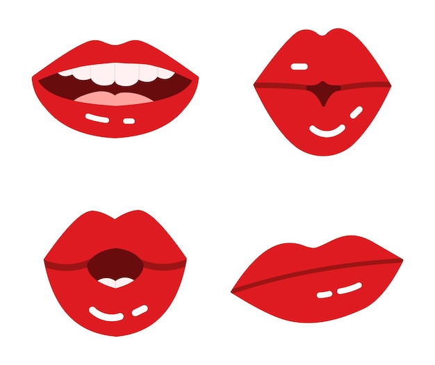 Cartoon lips glossy red seductive lipstick for ladies kissing smiling with teeth surprised and hesitating expressions