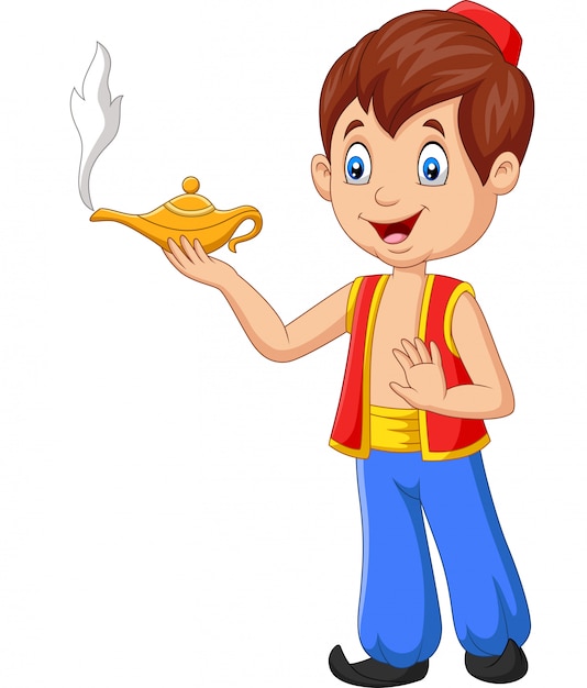 Vector cartoon little aladdin holding his magic lamp