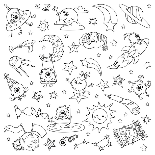 Cartoon little aliens in space. doodle illustration coloring page