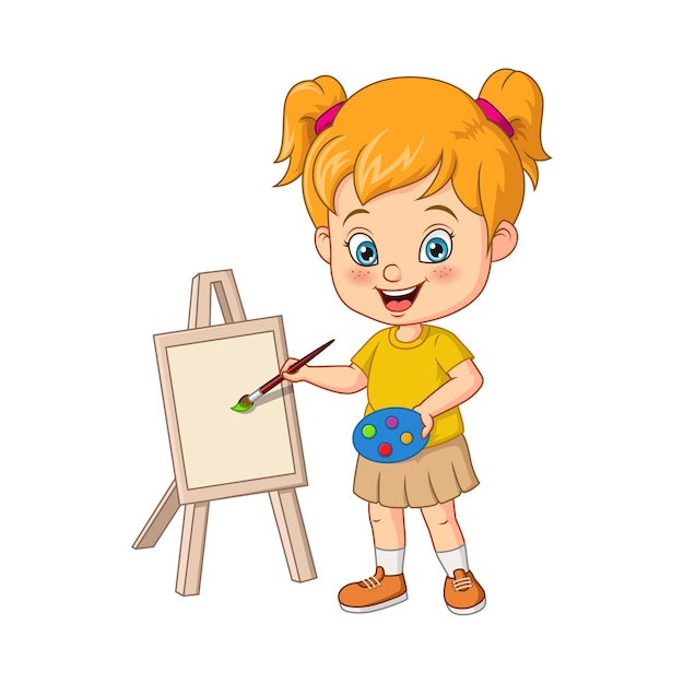 Мультяшная маленькая девочка-художник рисует на холсте