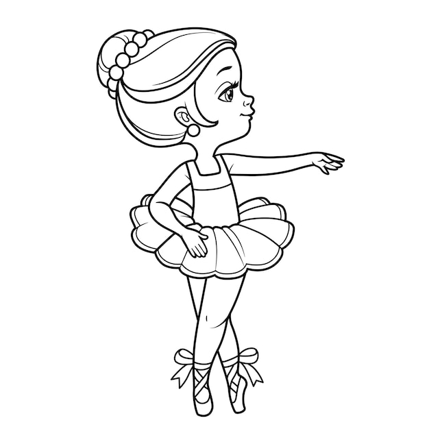 흰색 배경에 고립 된 색칠에 대해 설명 된 만화 작은 발레리 나 소녀