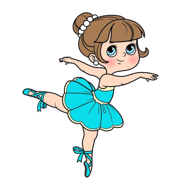 Cartoon bambina ballerina in piedi su una gamba sola variazione di colore per colorare pagina isolata su uno sfondo bianco