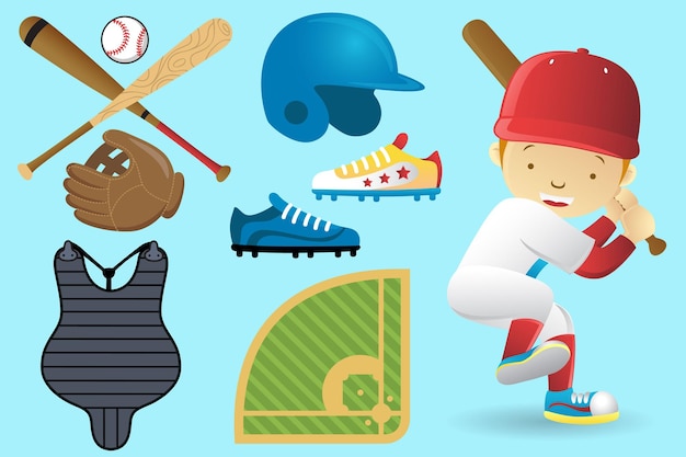 Vector cartoon little baseball player with baseball equipment