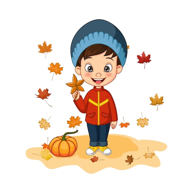 Cartoon little boy in autumn clothes and falling leaves