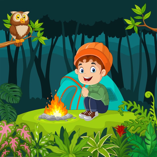 ジャングルでキャンプする漫画の小さな男の子