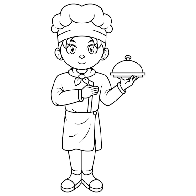 은색 접시 를 들고 있는 만화 의 작은 소년 요리사