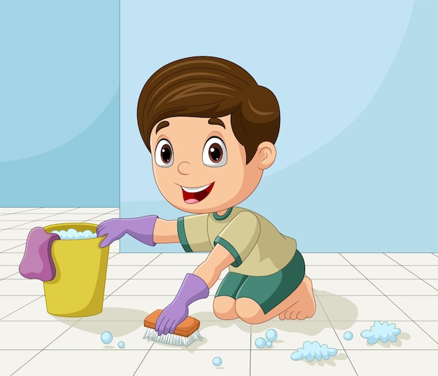 Cartoon little boy cleaning the floor