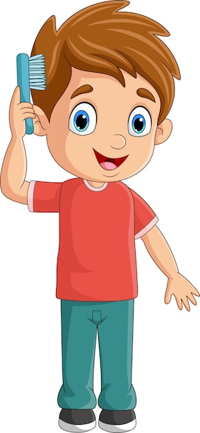 Vector cartoon little boy combing hair