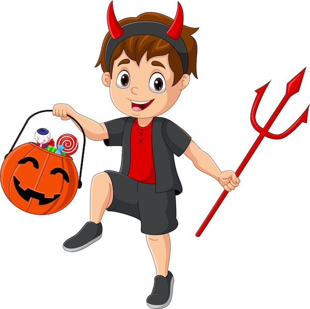 Cartoon little boy in costume devil holding a lucifer and candy basket in pumpkin