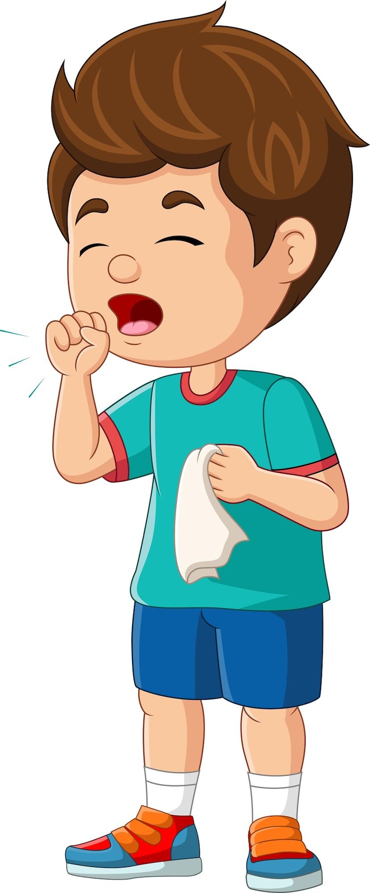 Vector cartoon little boy coughing on white background