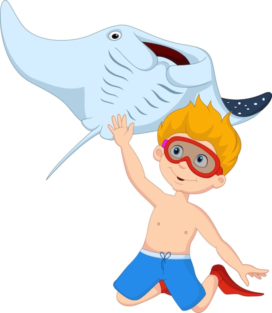 Cartoon little boy diving with stingray