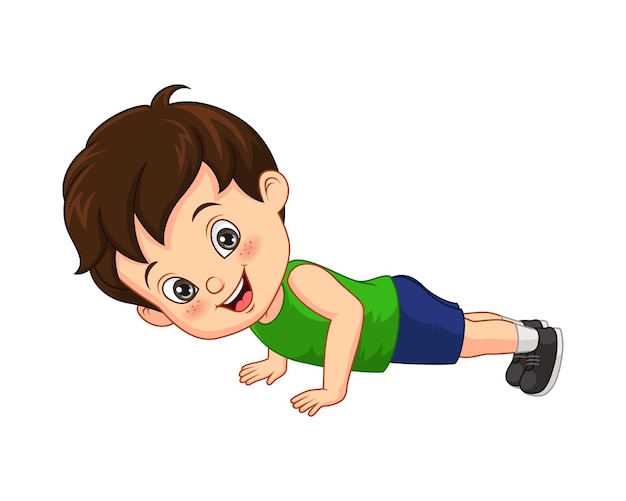 Vector cartoon little boy doing push up