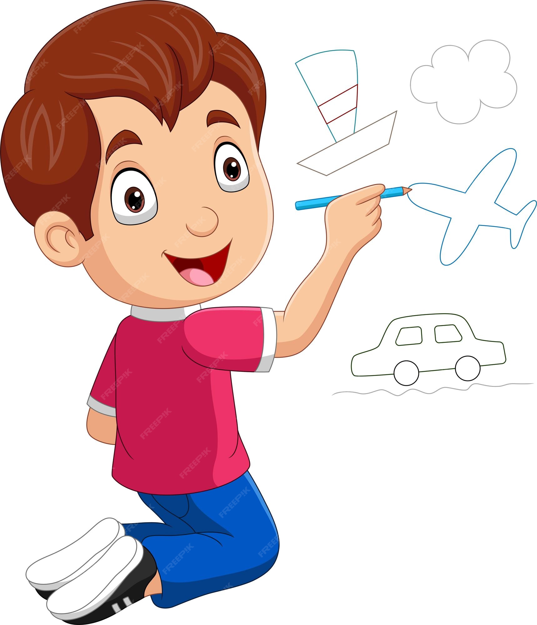 Premium Vector | Cartoon little boy drawing transportations on the wall Premium Vector | Cartoon little boy drawing transportations on the wall
