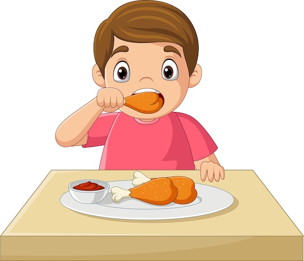 Vector cartoon little boy eating fried chicken