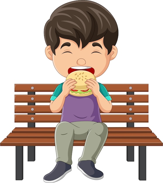 Vector cartoon little boy eating hamburger on bench