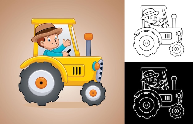 Cartoon little boy farmer on tractor