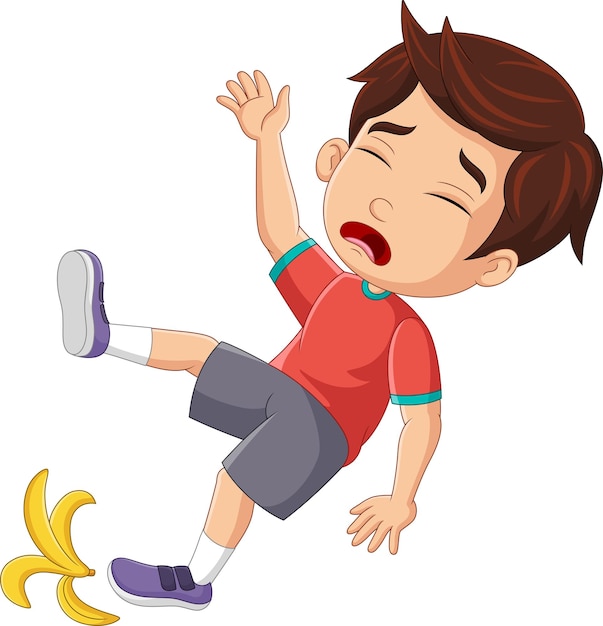 Vector cartoon little boy fell with banana peel