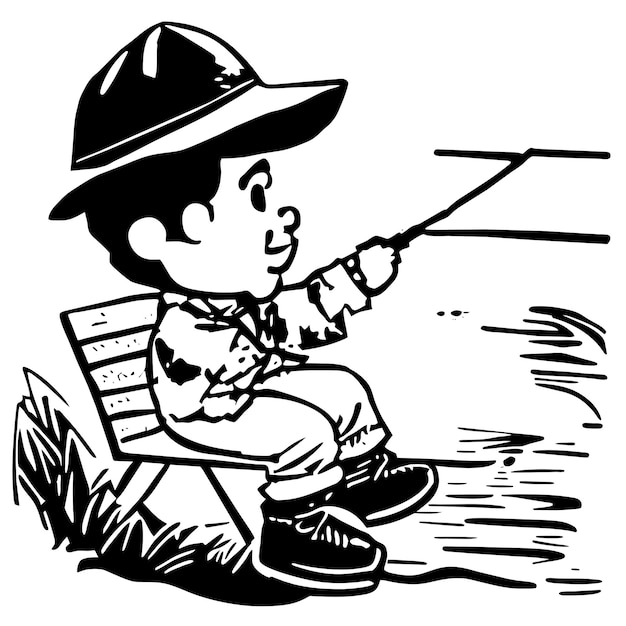 Ragazzino di cartoni animati che pesca in un fiume disegnato a mano cartone animato adesivo icona concetto illustrazione isolata