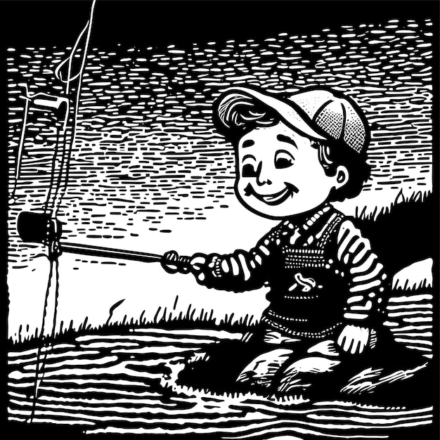 Cartoon little boy fishing in a river hand drawn cartoon sticker icon concept isolated illustration