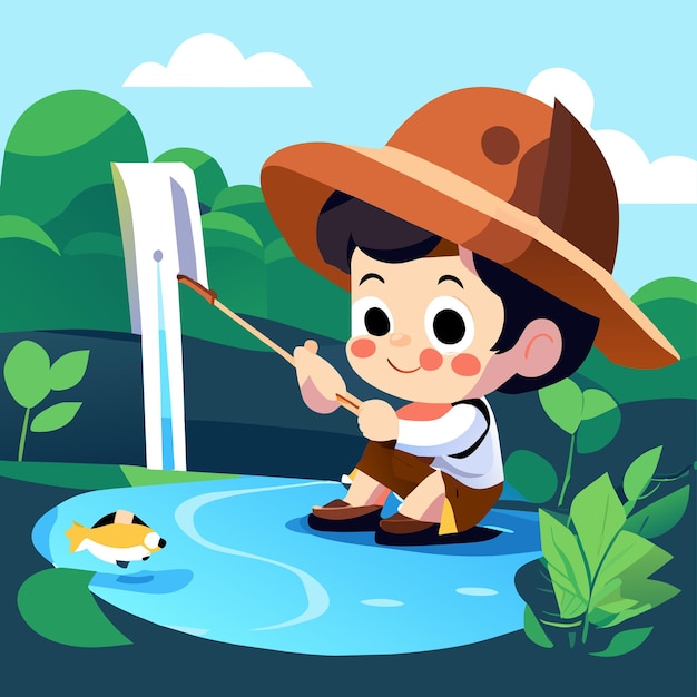 Premium Vector  Cartoon little boy fishing in a river hand drawn