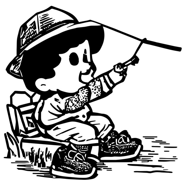 Cartoon little boy fishing in a river hand drawn cartoon sticker icon concept isolated illustration