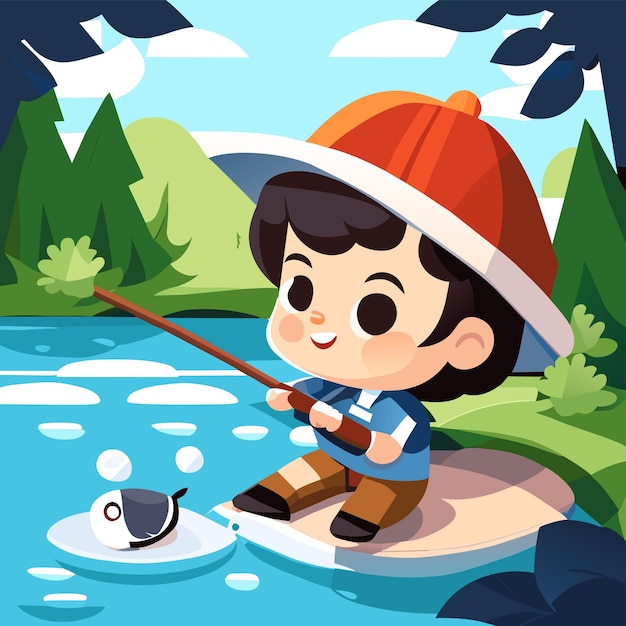 Premium Vector  Cartoon little boy fishing in a river hand drawn