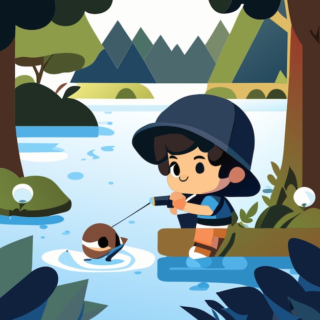 Vector cartoon little boy fishing in a river vector illustration