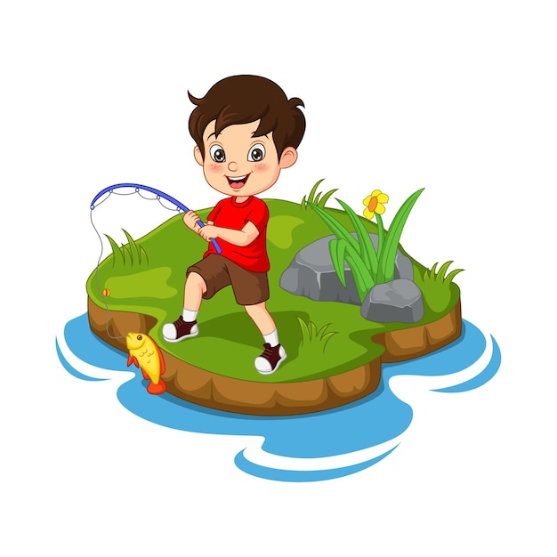 Cartoon little boy fishing in a river