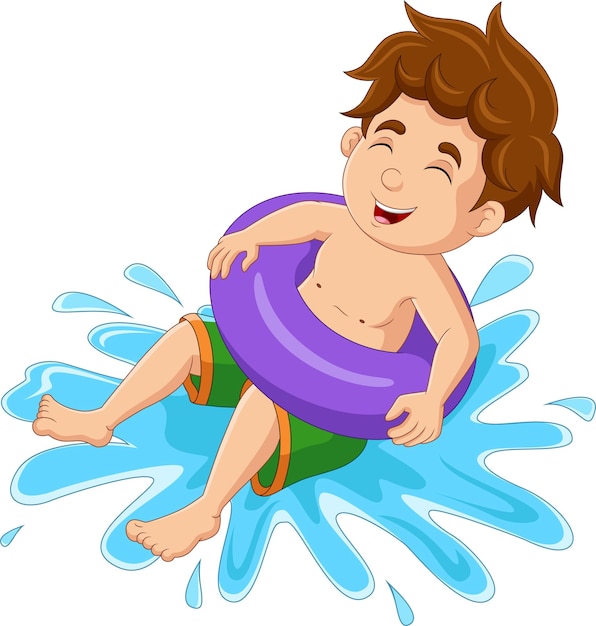 Cartoon little boy floating with inflatable ring