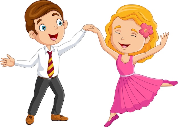 Cartoon little boy and girl dancing