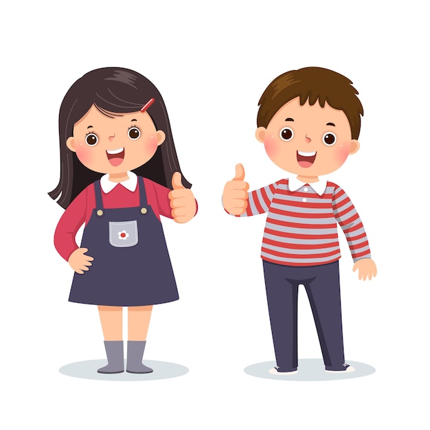 Cartoon of a little boy and girl showing thumbs up with cheerful expression.