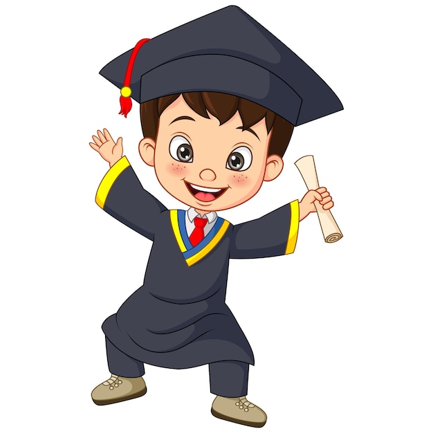 Cartoon little boy in graduation costume holding a diploma