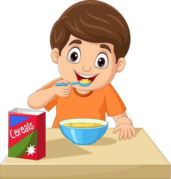 Cartoon little boy having breakfast cereals