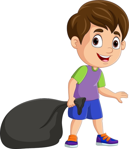 Cartoon little boy holding black plastic bag