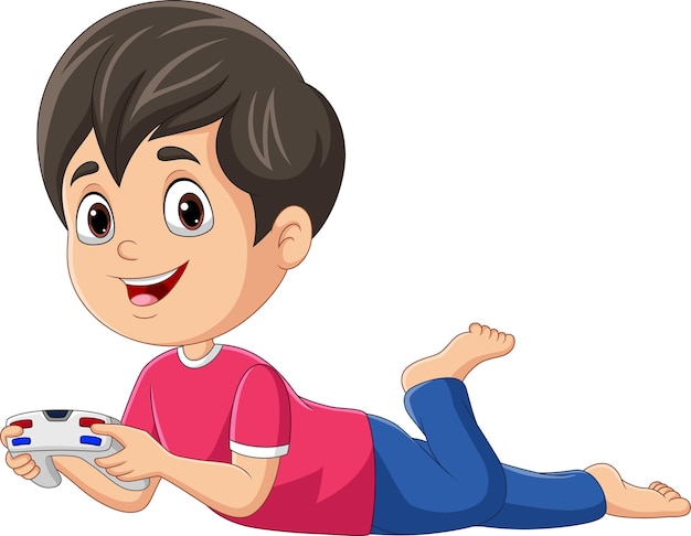 Vector cartoon little boy holding a joystick