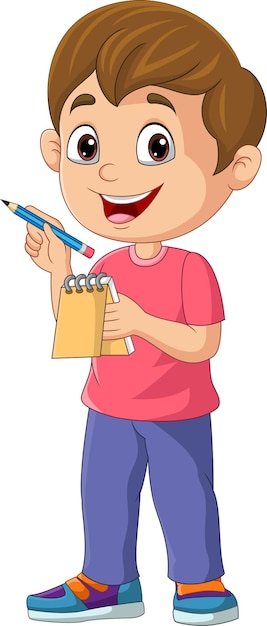 Cartoon little boy holding a notebook and pencil