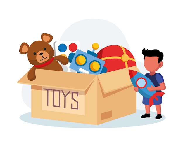 ベクトル 箱からおもちゃを保持している漫画の小さな男の子人道援助団体からの助け慈善活動のためのおもちゃがいっぱいの箱ボランティア社会援助ベクトル フラット スタイルの図