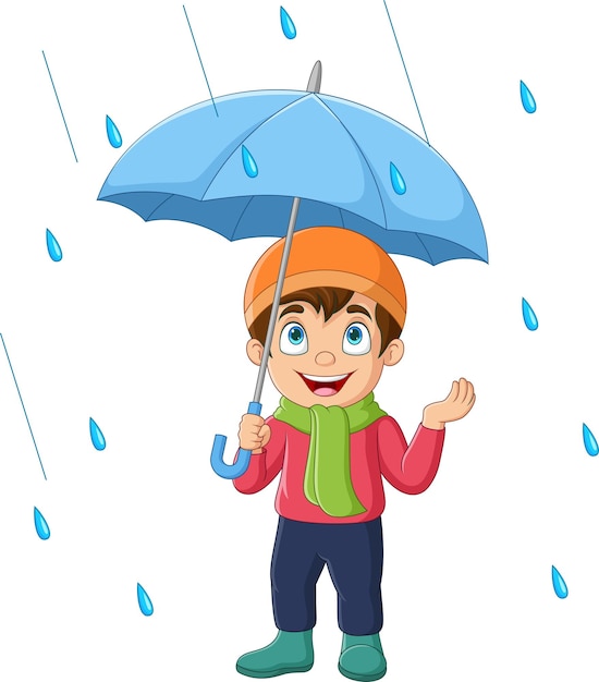 Vector cartoon little boy holding umbrella in the rain