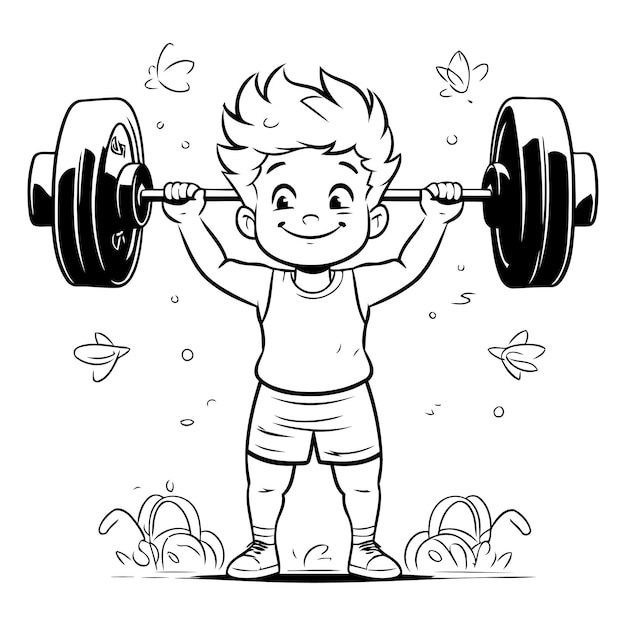 Vector cartoon little boy lifting a barbell black and white vector illustration