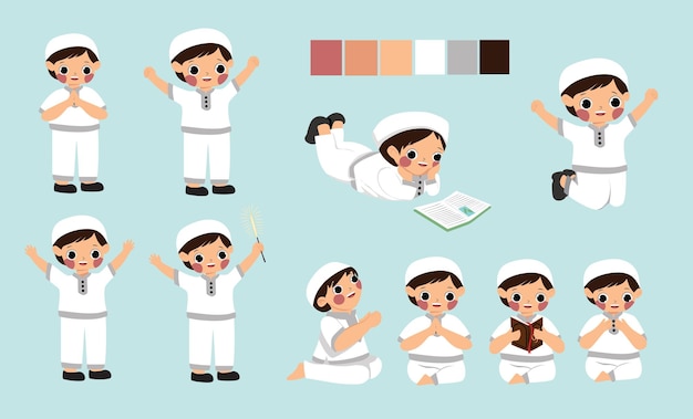 A cartoon of little boy muslim with white uniform going pose give a greeting and read a book