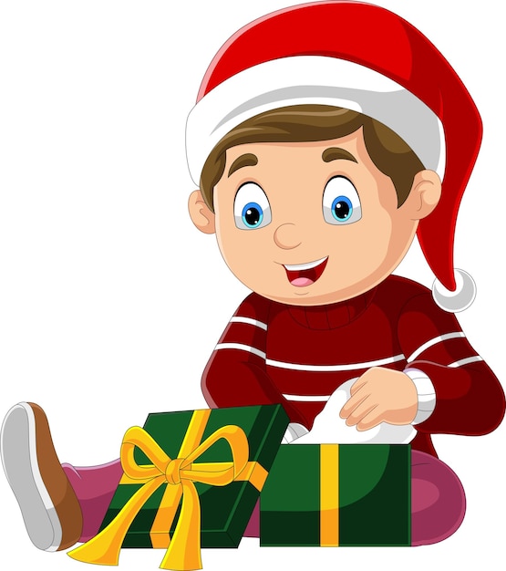 Cartoon little boy opening present box