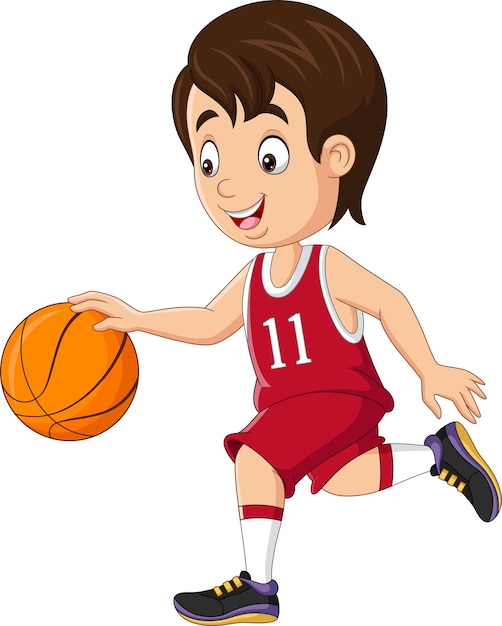 Vector cartoon little boy playing basketball