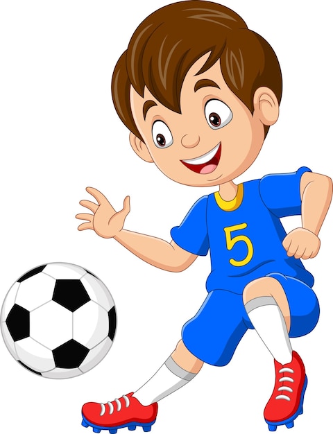 Вектор Мультяшный маленький мальчик играет в футбол