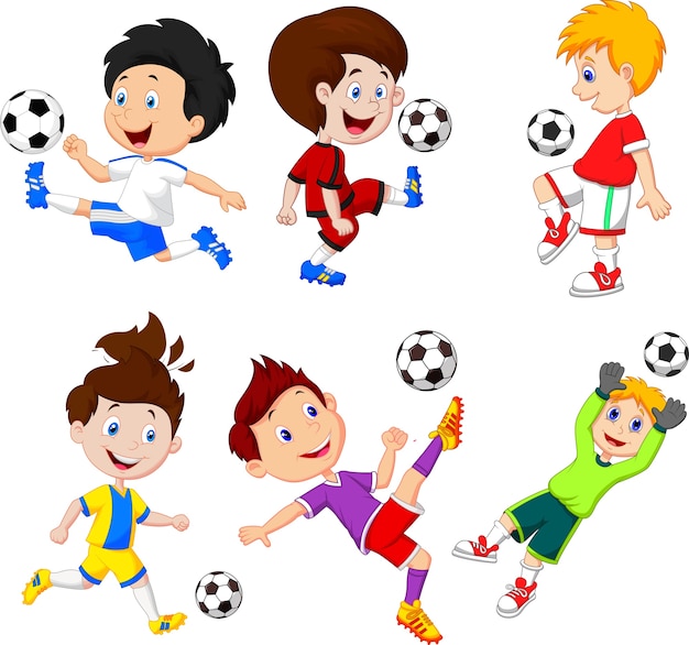 Cartoon little boy a giocare a calcio