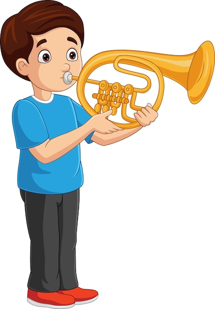 Cartoon little boy playing golden trumpet