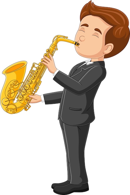 Vector cartoon little boy playing a saxophone