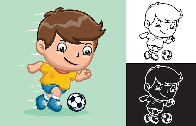 Cartoon little boy playing soccer