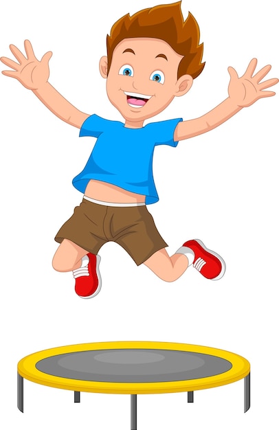 Vector cartoon little boy playing trampoline