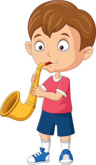 트럼펫을 연주하는 만화 어린 소년