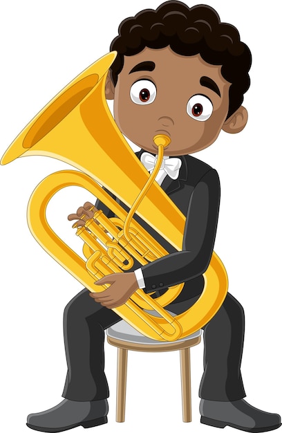 Vector cartoon little boy playing a tuba